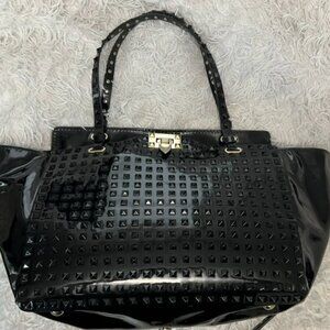 VALENTINO GARAVANI Patent Medium Rockstud Tote Black